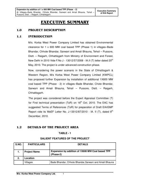 Summary EIA Report in English Language - Chhattisgarh ...