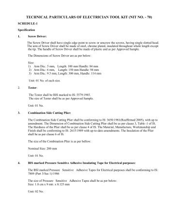 technical particulars of electrician tool kit (nit no. - 70) - csidc ...