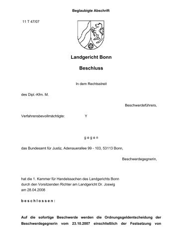 Landgericht Bonn Beschluss