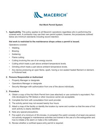 Hot Work Permit System Applicability. 1. This policy ... - Macerich