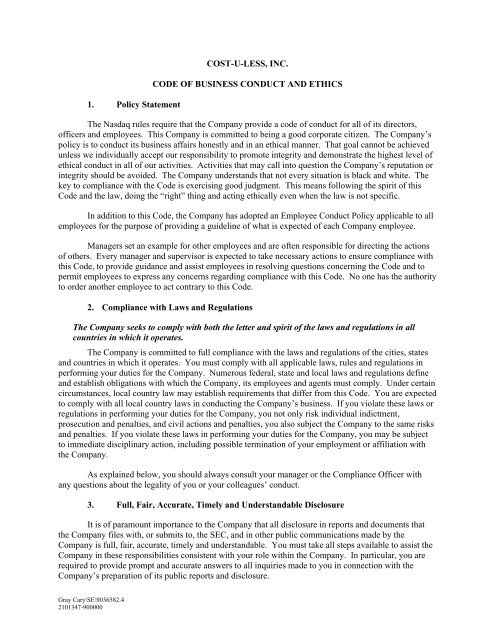 Cost U Less Inc Code Of Business Conduct And