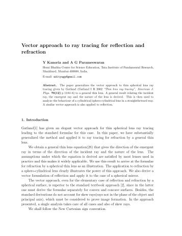 Vector approach to ray tracing for reflection and refraction