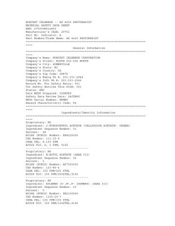 HOECHST CELANESE -- AZ 4620 PHOTORESIST MATERIAL ...