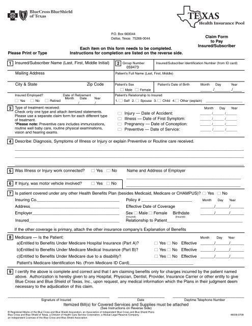 Medical Claim Form - Texas Health Insurance Risk Pool