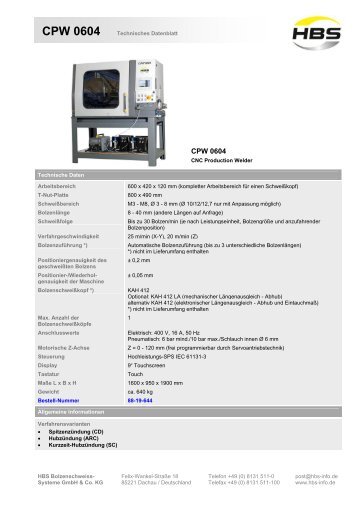 technisches datenblatt - HBS Bolzenschweiss-Systeme GmbH & Co ...