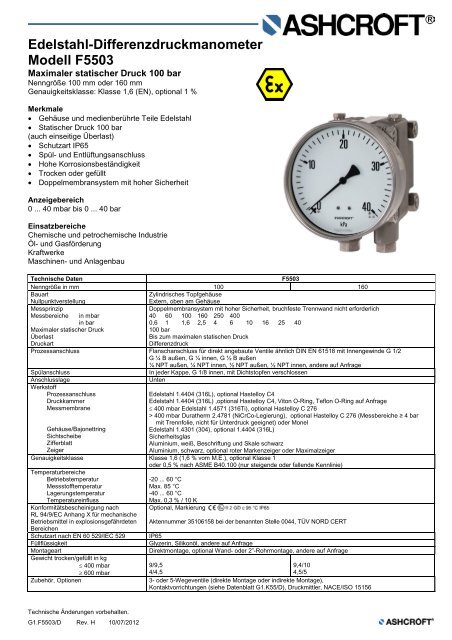 Datenblatt F5503 - Ashcroft Instruments GmbH