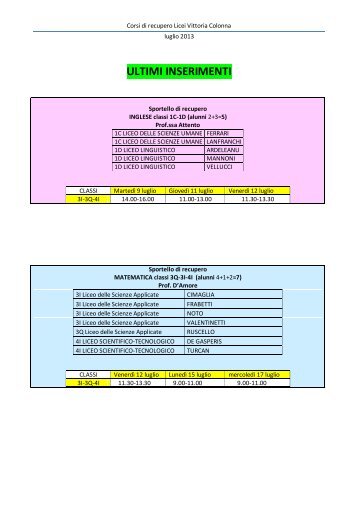 calendario dei corsi di recupero aggiornato - liceo "Vittoria Colonna"