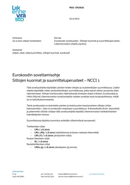 Siltojen kuormat ja suunnitteluperusteet â NCCI 1 - Liikennevirasto