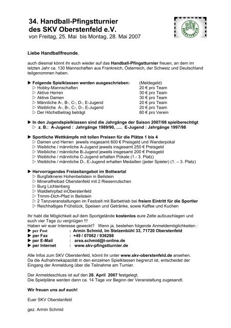 34. Handball-Pfingstturnier des SKV Oberstenfeld e.V.