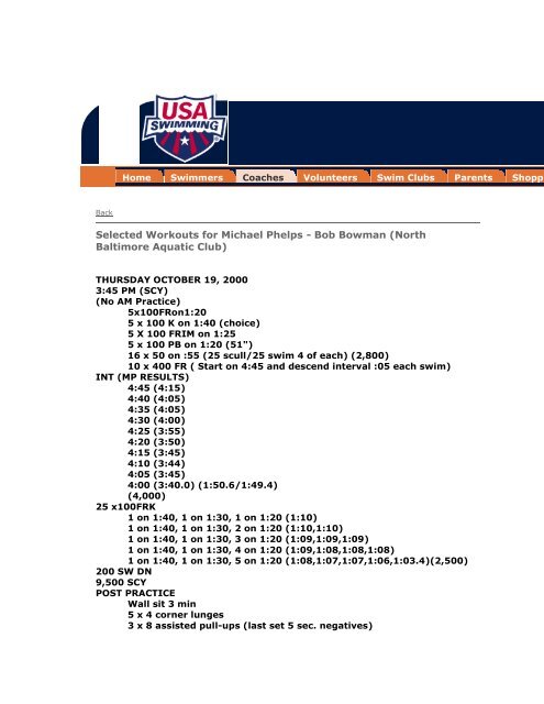 Selected Workouts for Michael Phelps Bob New Jersey Wave