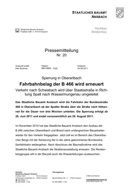 Fahrbahnbelag der B 466 wird erneuert - Sperrung in Obererlbach