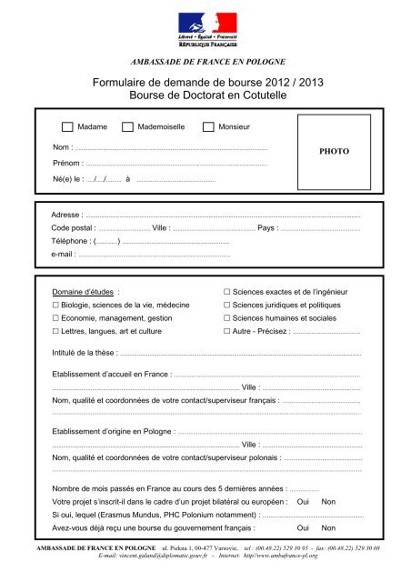 Formulaire De Demande De Bourse 2012 2013 Bourse De Doctorat