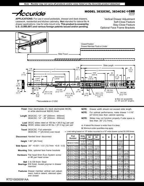 Accuride 3832 3834 Sc Series Slide Datasheet Rockler Com