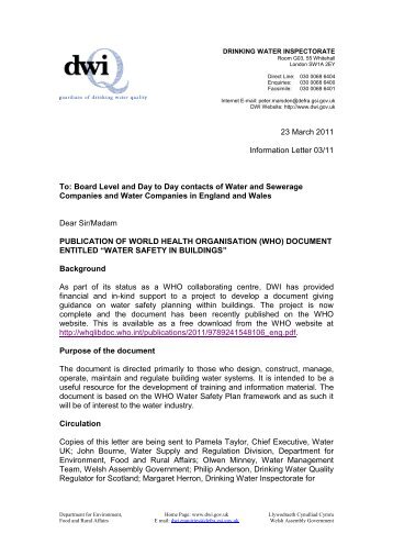 (WHO) document entitled - Drinking Water Inspectorate - Defra