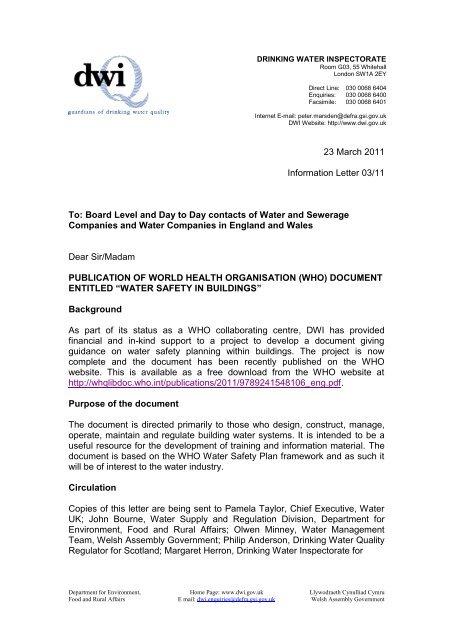 (WHO) document entitled - Drinking Water Inspectorate - Defra