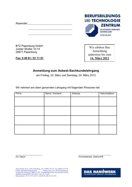 Asbest - Sachkundelehrgang - Berufsbildungs- und ...