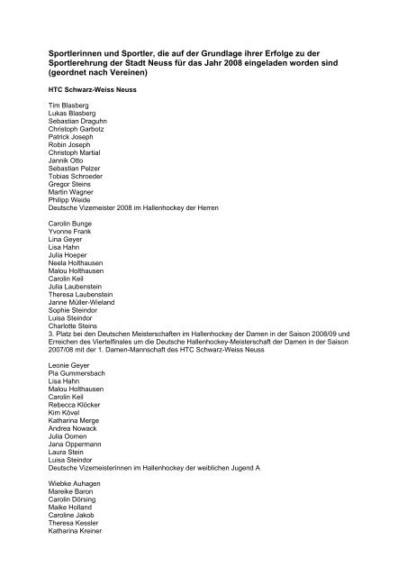 Liste der geehrten Sportler des Jahres 2008 - Neuss am Rhein