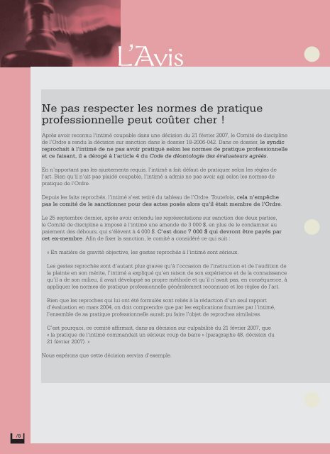 novembre 2007 - Ordre des évaluateurs agréés du Québec