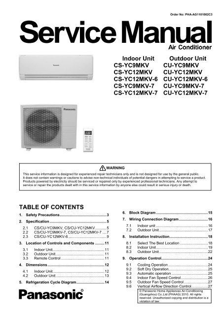 Indoor Unit Outdoor Unit CS-YC9MKV CS-YC12MKV ... - Panasonic