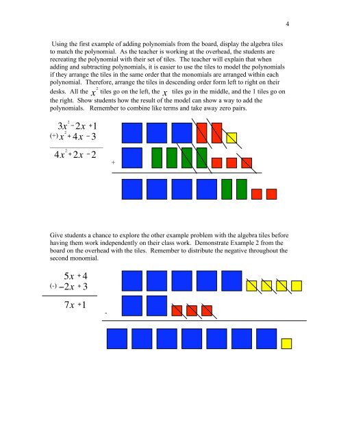 Adding and Subtracting Polynomials Using Algebra Tiles This ...