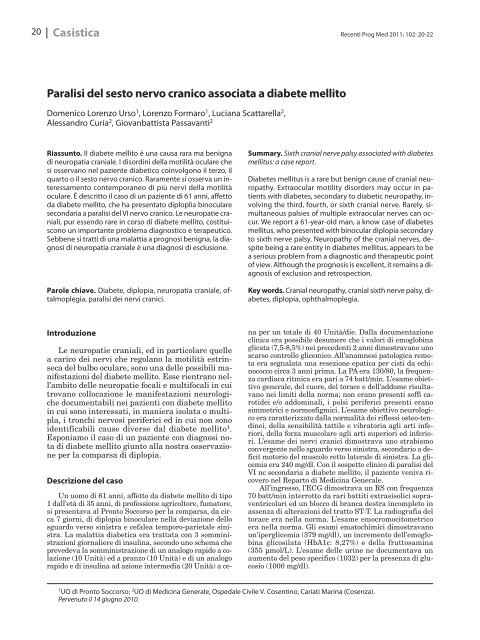 Paralisi del sesto nervo cranico associata a diabete mellito Casistica