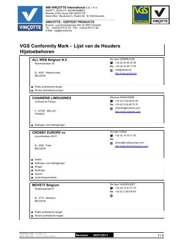 Hijstoebehoren VGS Conformity Mark - Lijst van de Houders - VinÃ§otte