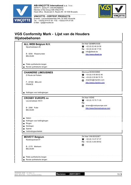 Hijstoebehoren VGS Conformity Mark - Lijst van de Houders - VinÃ§otte