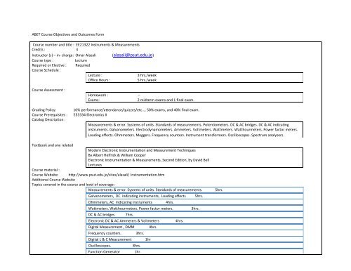 ABET Course Objectives and Outcomes Form Course number