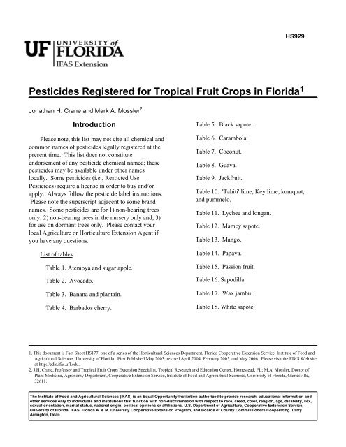 Pesticides Registered for Tropical Fruit Crops in Florida1