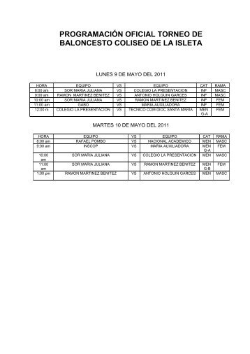 programación oficial torneo de baloncesto coliseo de la isleta