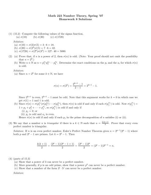 Math 223 Number Theory Spring 07 Homework 8 Solutions