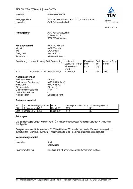 TEILEGUTACHTEN nach Â§19(3) StVZO Nummer 08-0458 ... - Motec