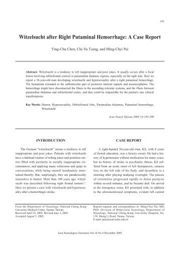 Witzelsucht after Right Putaminal Hemorrhage: A Case Report