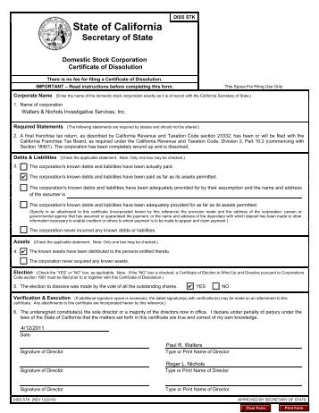 Domestic Stock Corporation Certificate of Dissolution - eMinutes