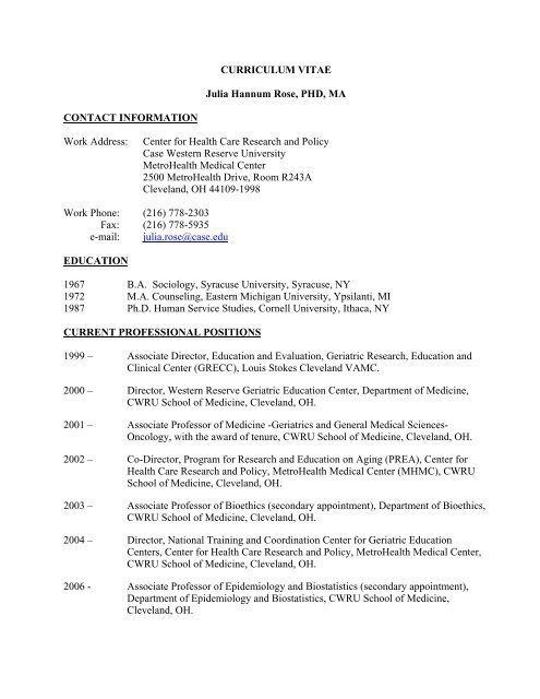 CURRICULUM VITAE Julia Hannum Rose PHD MA CONTACT  