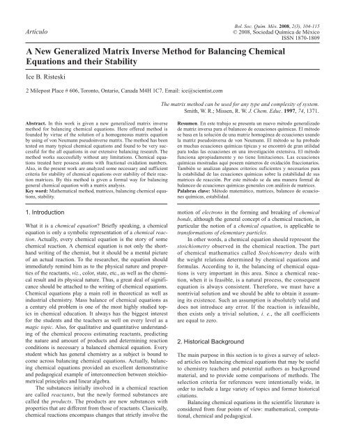 A New Generalized Matrix Inverse Method for Balancing Chemical ...