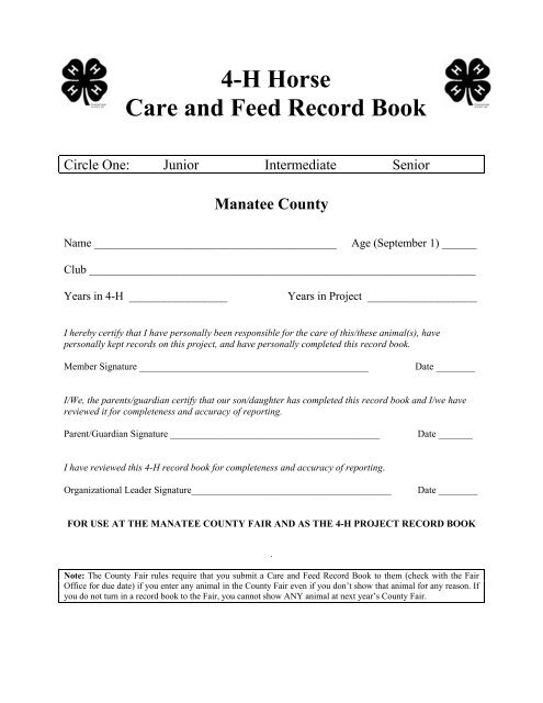 4-H Horse Care and Feed Record Book - Manatee County ...