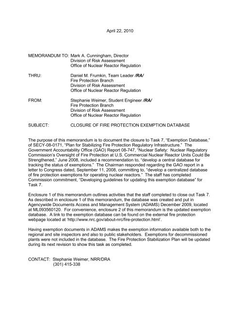 NRC Memo Closure of Fire Protection Exemption Database 4-22-10 ...