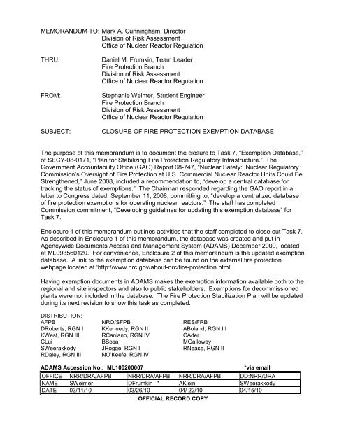 NRC Memo Closure of Fire Protection Exemption Database 4-22-10 ...