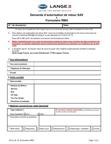 Demande d'autorisation de retour matériel - Hach-lange