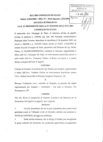 Istanza di prelievo dell'avv. Giuseppe de Majo ... - Bruno Falzea