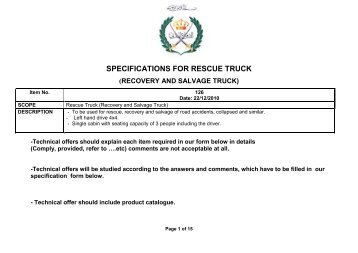 SPECIFICATIONS FOR RESCUE TRUCK