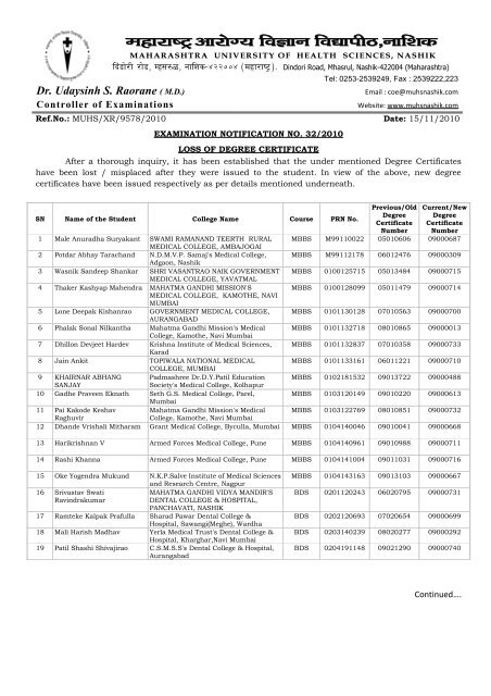 Notification No. 32 2010 Loss of degree certificate