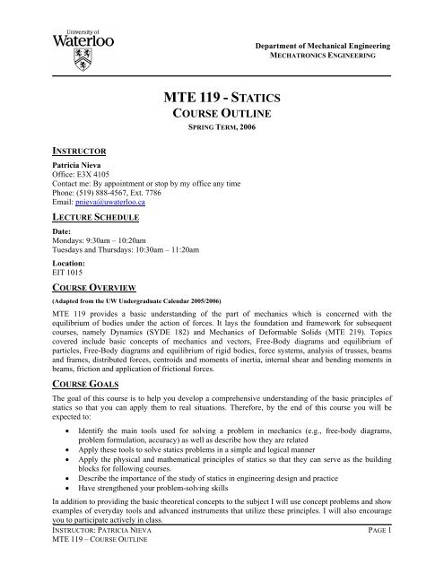 Course Outline pdf Mechanical And Mechatronics Engineering 