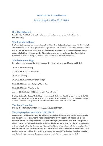 Protokoll des 2. Schulforums Donnerstag, 22. März 2012, 18:00 ...