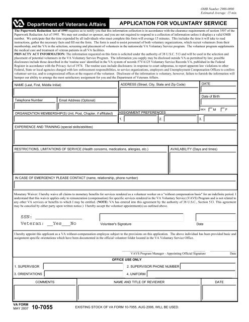 APPLICATION FOR VOLUNTARY SERVICE - VA Butler Healthcare