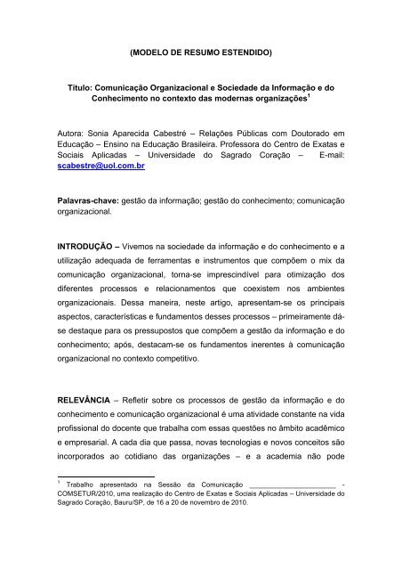  MODELO DE RESUMO ESTENDIDO T tulo Comunica o USC