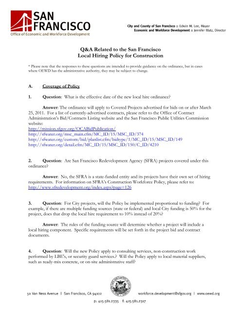 Q&A Related to the San Francisco Local Hiring Policy for Construction