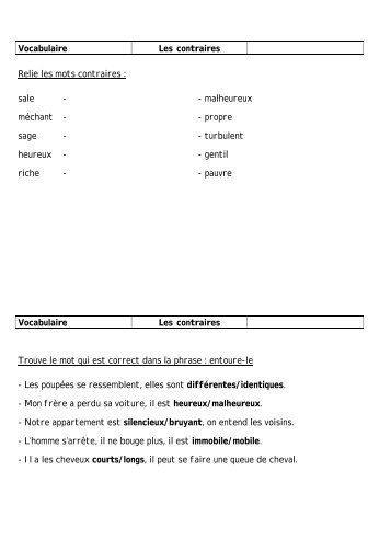 Vocabulaire Les contraires Relie les mots contraires : sale ...