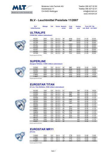 BLV - Leuchtmittel Preisliste 11/2007 - MLT - Moderne Licht-Technik ...